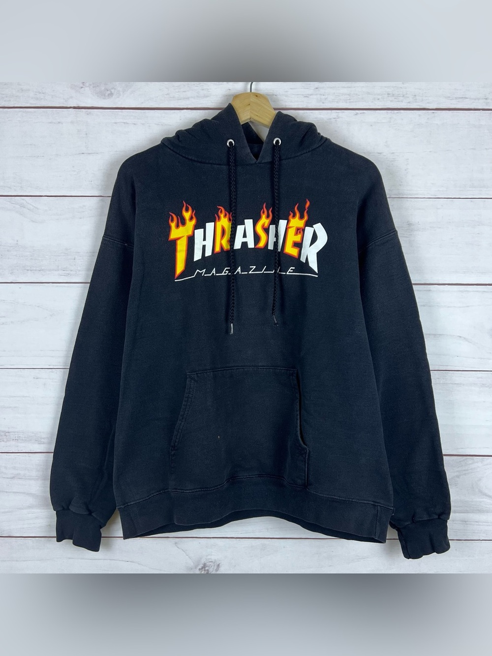 Vintage Y2K Thrasher Magazine Skateboarding Black Hoodie Sweatshirt Skater Med
